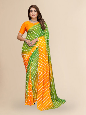 kashvi sarees Ombre, Striped, Printed Leheria Georgette Saree(Orange, Green)