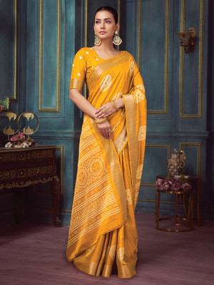 Sareemall Printed Hand Batik Silk Blend Saree(Yellow)
