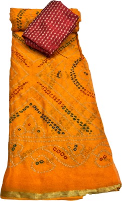 Stylish Sarees Embellished, Printed Bandhani Georgette, Viscose Rayon Saree(Gold, Red)