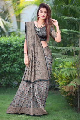 jeravi Digital Print Kalamkari Tussar Silk Saree(Grey)