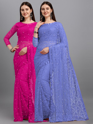 LOROFY Self Design Bollywood Net Saree(Pack of 2, Blue, Magenta)
