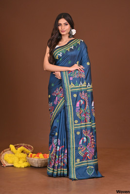Ramshyam Collection Woven Kantha Silk Blend Saree(Blue)