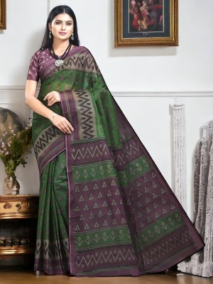 Jevi Prints Blocked Printed Daily Wear Pure Cotton Saree(Green, Magenta)