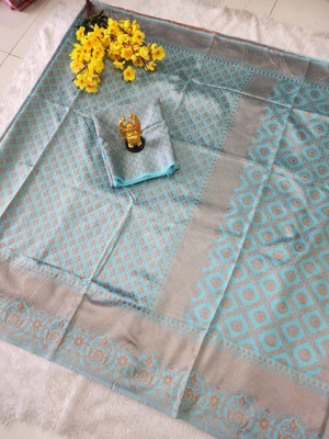 HEER FASHION Self Design Banarasi Pure Silk Saree(Light Blue)