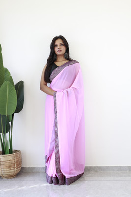 VISVASTA Solid/Plain Bollywood Chiffon, Silk Blend Saree(Pink)