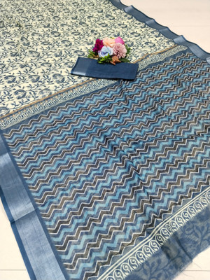 HouseOfCommon Woven Kanjivaram Pure Cotton, Cotton Linen Saree(Blue, White)