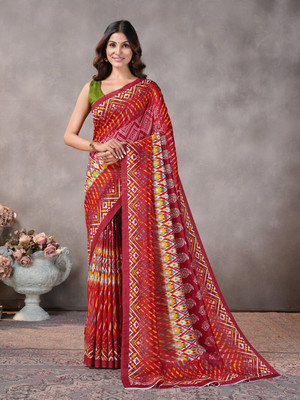 GARDEN VARELI Geometric Print Saree with Attached Blouse Silk Blend Saree(Maroon)