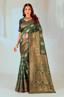 Suntex Printed Kanjivaram Art Silk Saree(Dark Green)