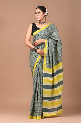 Om Traders Printed Saree with Attached Blouse Cotton Silk Saree(Grey, Yellow)
