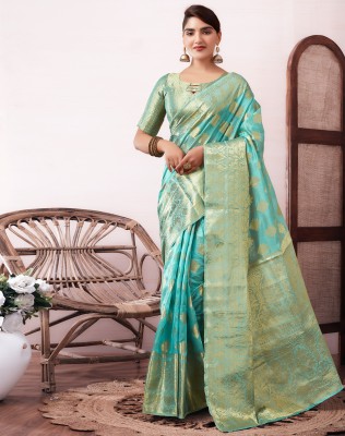 SIRIL Woven, Embellished, Self Design Banarasi Organza, Jacquard Saree(Light Blue, Gold)