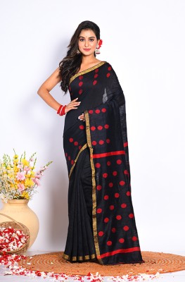 MorChari Floral Print Handloom Cotton Linen Saree(Black)