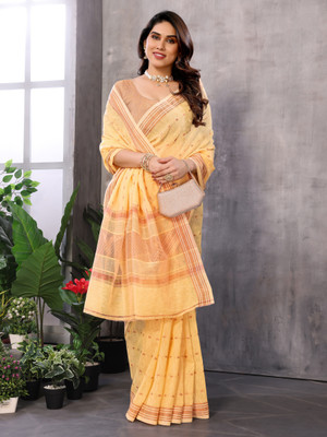 Moda Rapido Printed Bhagalpuri Cotton Linen Saree(Yellow)
