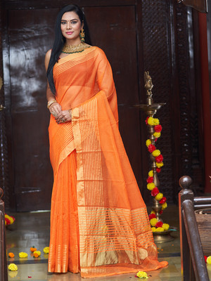 KARAGIRI Solid/Plain Bollywood Silk Blend Saree(Orange)