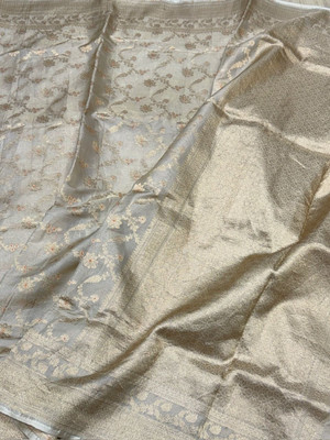 MJAfabric Woven Banarasi Pure Silk, Tissue Saree(Cream)