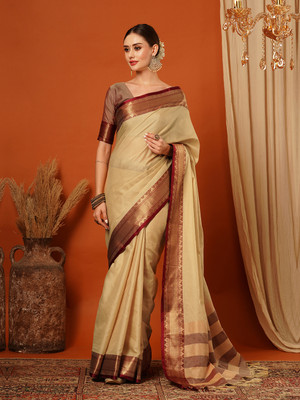HouseOfCommon Woven, Embellished Mysore Cotton Silk, Jacquard Saree(Beige, Red, Gold)