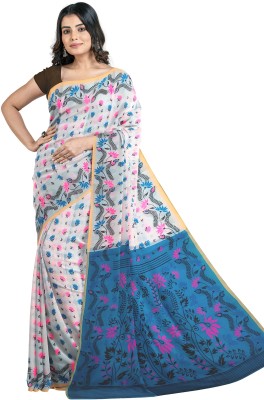 Ganesh plastic and industry Woven, Self Design, Floral Print Daily Wear Cotton Silk, Pure Silk Saree(Blue, White)