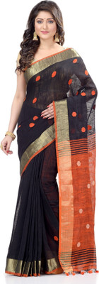 Desh Bidesh Self Design, Solid/Plain, Striped, Woven Handloom Handloom Cotton Blend, Pure Cotton Saree(Black)