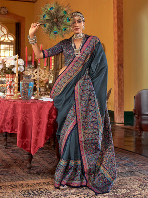 ANOUK Printed Chinnalapattu Silk Blend Saree(Grey)