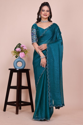 V AMAN FASHION Solid/Plain, Self Design, Embroidered Bollywood Chiffon, Jimmy choo Saree(Green)