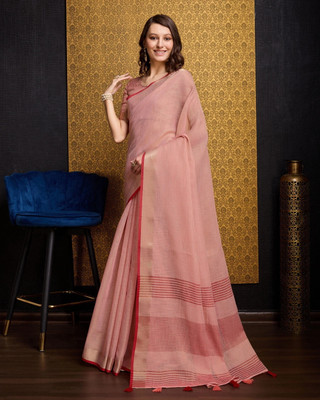 BFM Solid/Plain, Woven Bollywood Linen Saree(Pink)