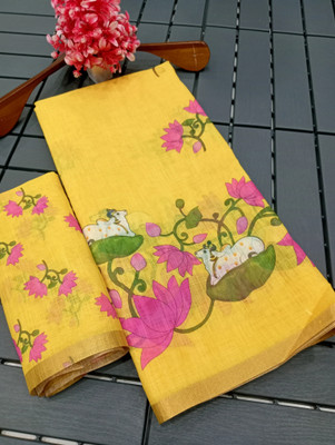HouseOfCommon Printed Kanjivaram Pure Cotton, Cotton Linen Saree(Yellow)