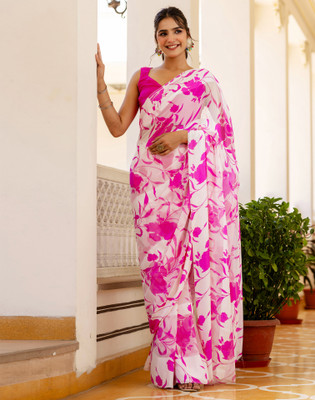 Samah Digital Print, Printed, Embellished Bollywood Georgette Saree(Magenta, White)