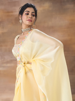 KASEE Solid/Plain Bollywood Chiffon Saree(Yellow)