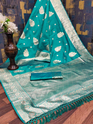 Bansari Textiles Woven, Self Design, Embroidered, Solid/Plain Banarasi Silk Blend Saree(Light Blue)
