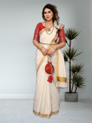 Saran Solid/Plain Kasavu Pure Cotton Saree(Beige)