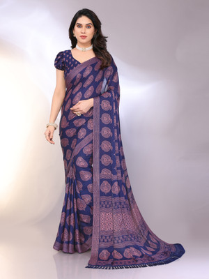 FABMORA Printed, Blocked Printed Daily Wear Chiffon, Georgette Saree(Dark Blue)