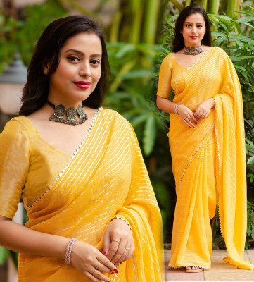 V And V Shop Striped Bollywood Georgette Saree(Gold)