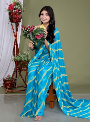 HouseOfCommon Hand Painted, Graphic Print, Woven, Embellished, Digital Print Bollywood Chiffon Saree(Light Blue)