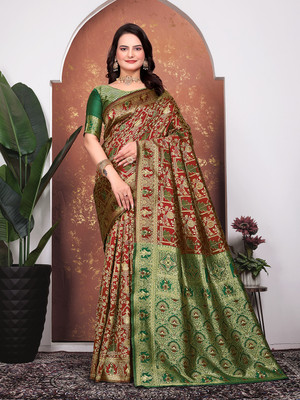 Kanooda Prints Embellished Banarasi Silk Blend Saree(Maroon)