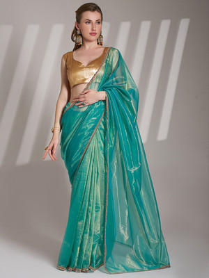 Divastri Embellished, Solid/Plain Bollywood Organza Saree(Gold, Light Green)