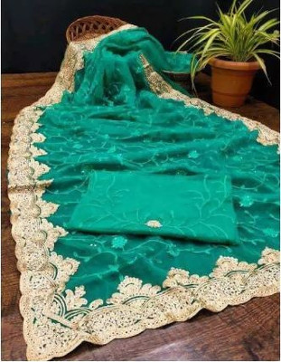SkyFlock Embroidered, Embellished Bollywood Net Saree(Green)