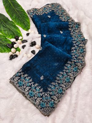 AMBUJAINTERNATIONAL Embellished Bollywood Net Saree(Dark Blue)