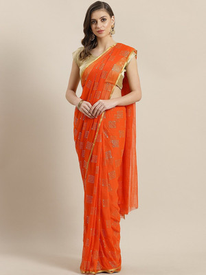 V And V Shop Printed Bollywood Georgette, Chiffon Saree(Orange)