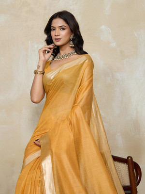 BFM Solid/Plain Bollywood Linen Saree(Yellow)