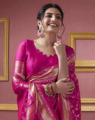 Houri Fab Woven, Embellished Banarasi Pure Silk, Jacquard Saree(Pink)