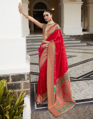 SIRIL Woven, Embellished, Self Design Paithani Silk Blend, Jacquard Saree(Red)