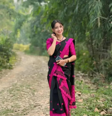 khodalenteprise Digital Print Mekhela Chador Cotton Blend Saree(Black)