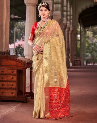 Samah Self Design, Woven, Embellished Banarasi Cotton Silk, Silk Blend Saree(Beige, Red, Multicolor)