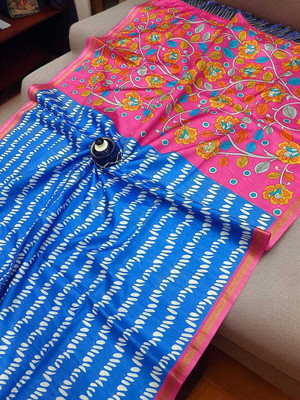 WILLMAKE Printed, Applique, Embellished, Floral Print, Woven Bollywood Cotton Linen Saree(Blue)