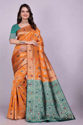 TODAY DEAL Woven Kanjivaram Silk Blend Saree(Mustard)
