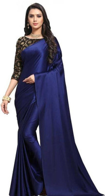 HouseOfCommon Solid/Plain Bollywood Satin Saree(Dark Blue)