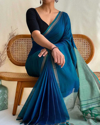 Alanka Woven, Solid/Plain Handloom Cotton Blend Saree(Light Blue)