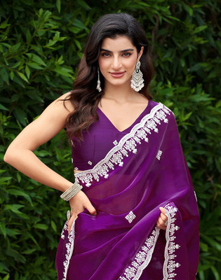 Satrani Embroidered, Embellished Bollywood Jimmy choo, Tissue Saree(Purple)