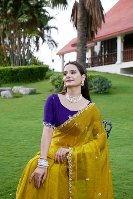 Zari and Ziba Solid/Plain Bollywood Jimmy choo Saree(Yellow)