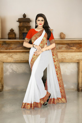 Volmina Solid/Plain Chanderi Cotton Blend Saree(White)