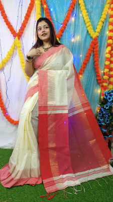 saree star Self Design Handloom Cotton Silk Saree(White)